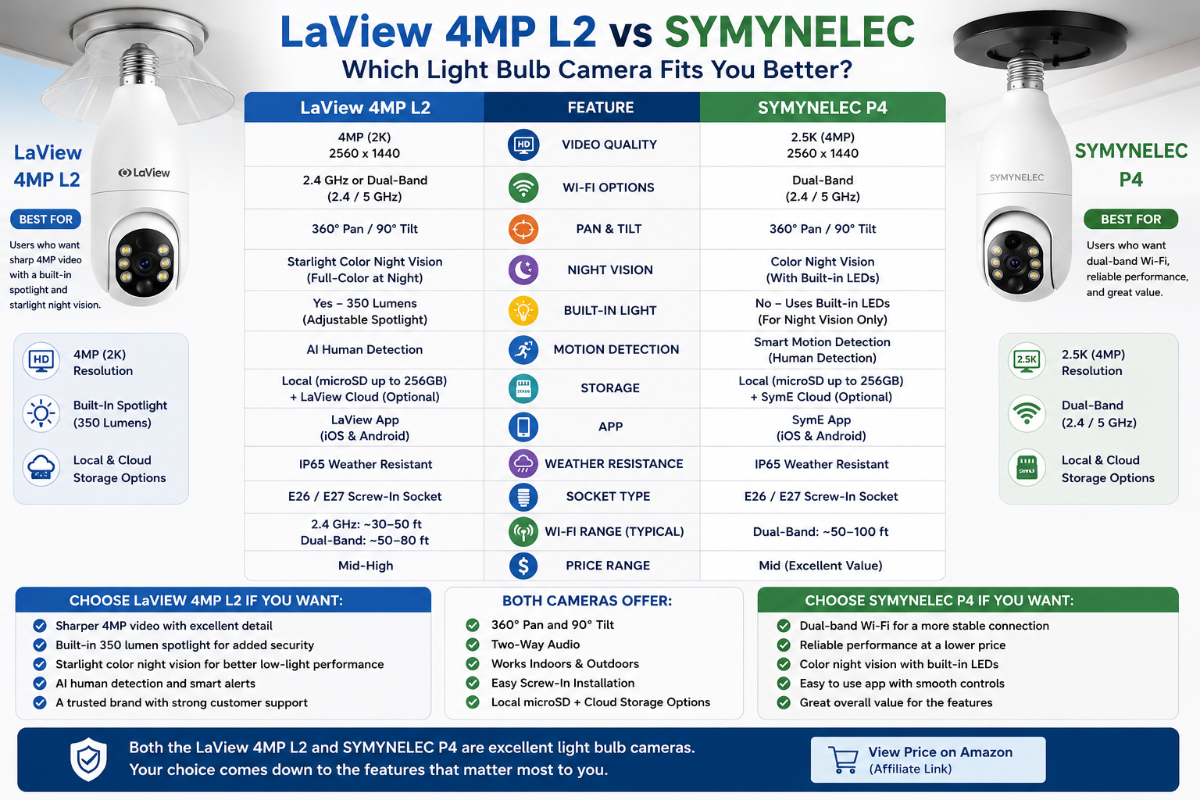 LaView 4MP L2 vs SYMYNELEC – Which Light Bulb Camera Fits You Better