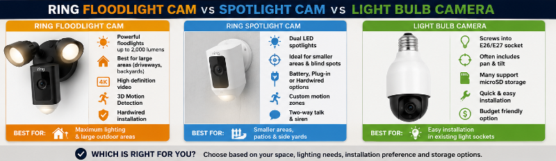 Ring Floodlight Cam vs Spotlight Cam vs Light Bulb Camera