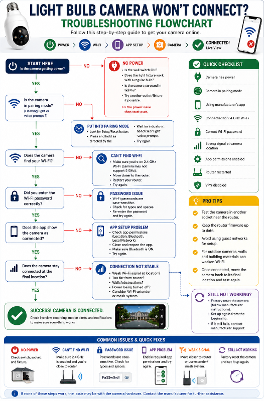 Light Bulb Camera Wont Connect – Troubleshooting Flowchart