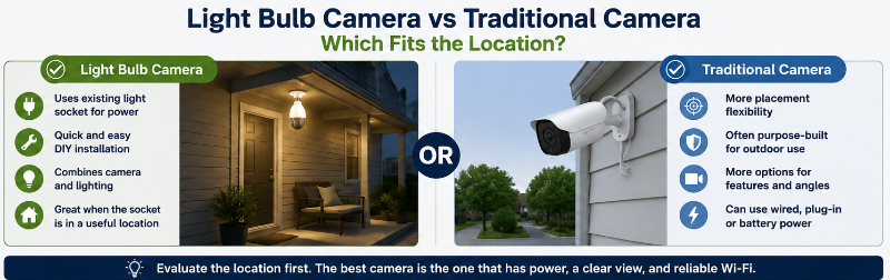 Light bulb camera vs traditional camera - which fits the location