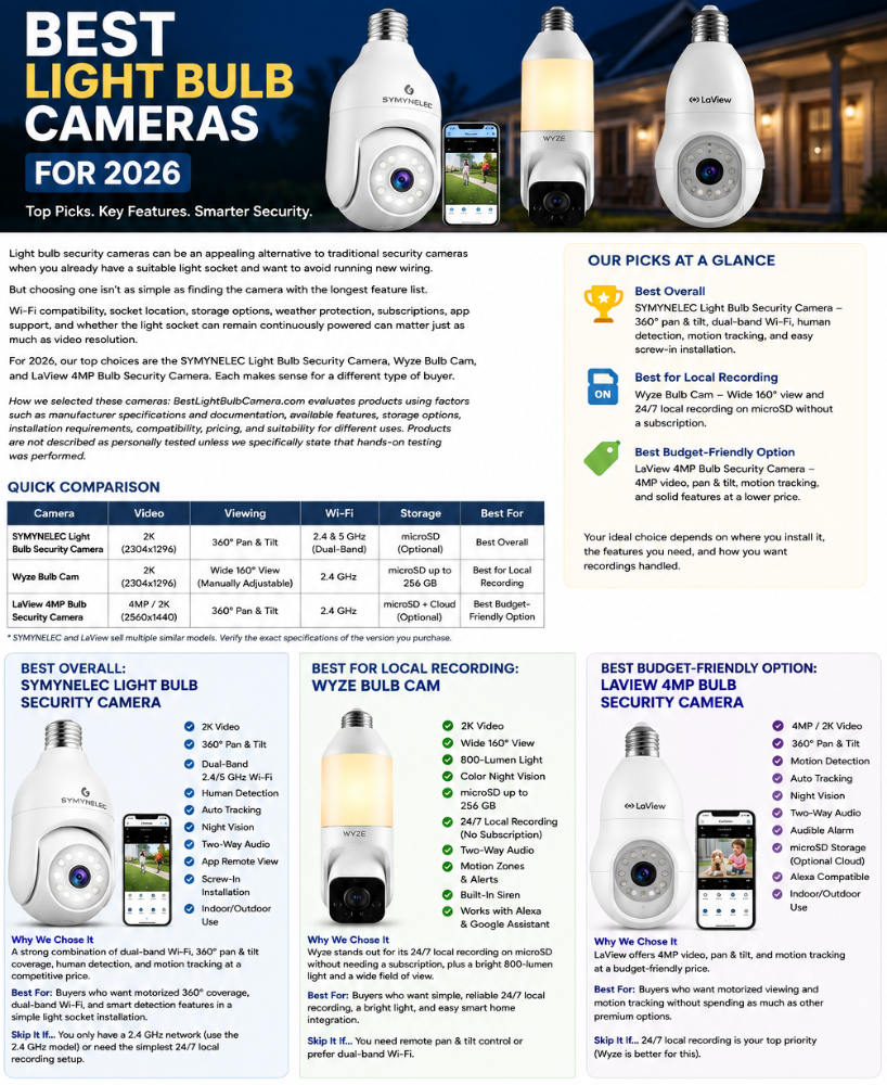 Best Light Bulb Cameras for 2026 – SYMYNELEC, Wyze and LaView